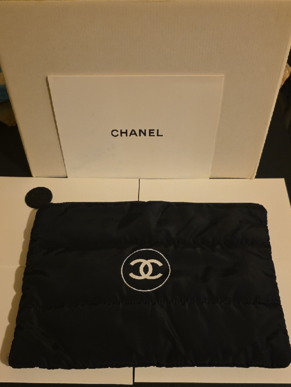 CHANEL  Beauty Black Quilted Nylon Pouch with White CC Emblem